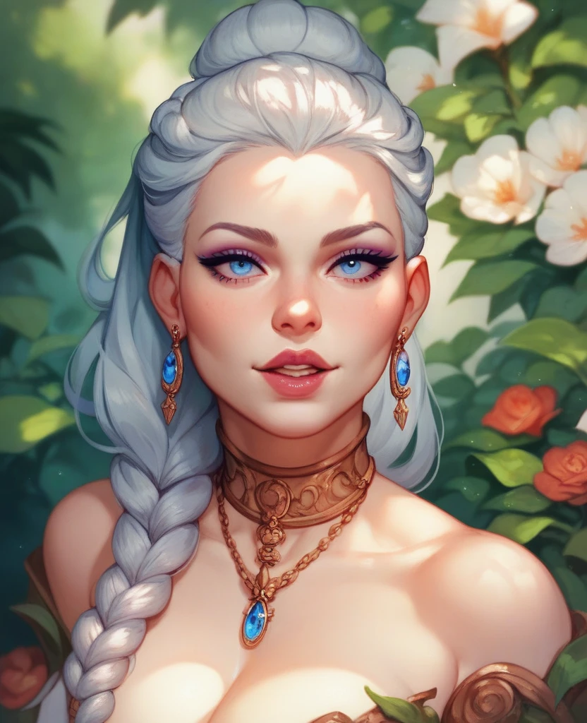 portrait of a hourglass shaped elf with (long white hair behind ear, straight bangs), (necklace, earrings), (glowing eyes, green eyes), (seductive smile:1.3), eye contact, (black embroidered lingerie), cleavage, close to a window, sitting on a chair crossed-leg, bedroom, (morning), god rays, ray tracing, best quality, 16k, masterpiece