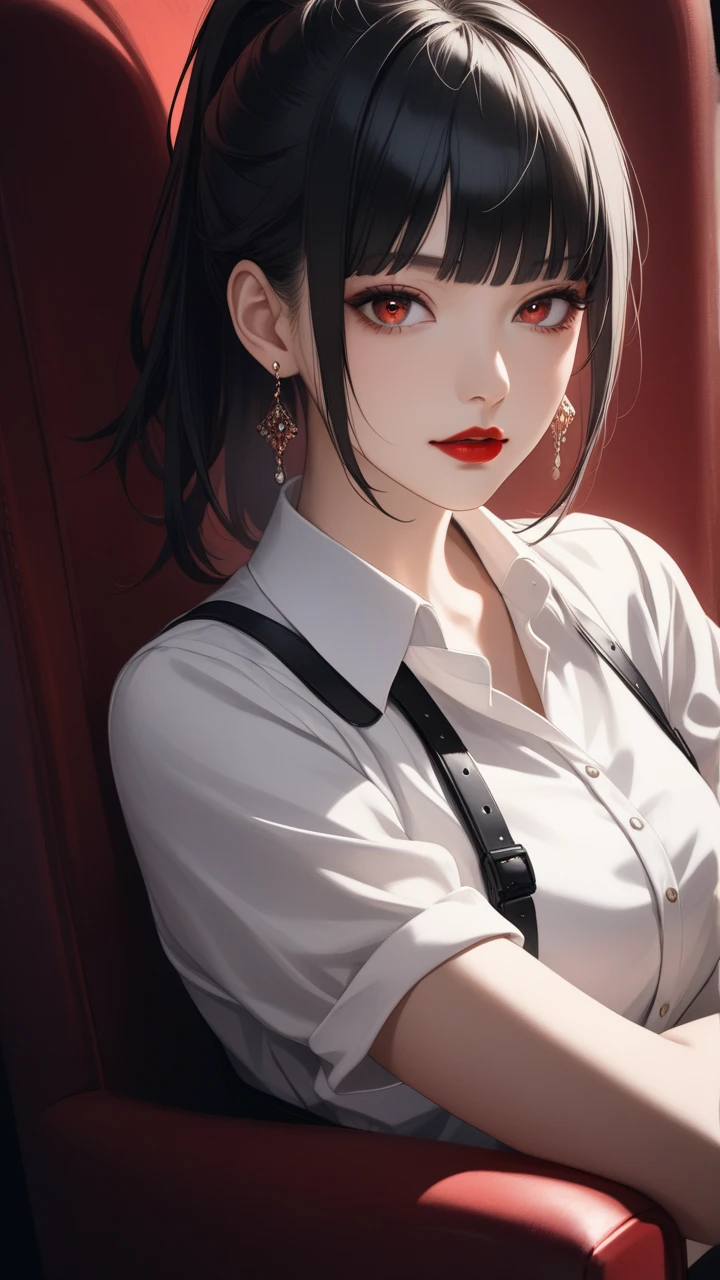 ((masterpiece, best quality)), (1girl), (solo), (female focus), Asa Mitaka \(chainsaw man\),(very detailed face, real image, realistic skin, realistic body, intricate details), upper body, dark eyes, bandages over the body, black hair, far sleeve shirt, pinaforee dress, black tie, bandages, blood, bandages, bandages, blood, blood, small breasts, classroom, students, Blur background