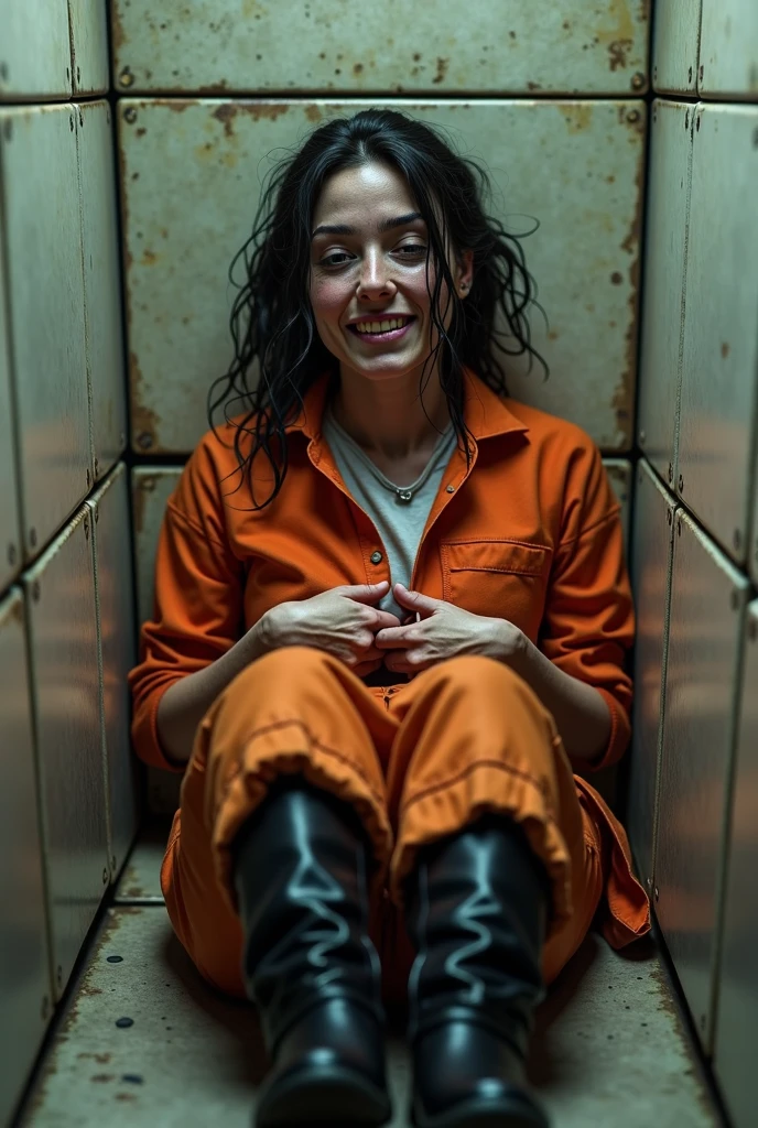 SCP-1471, MalO, Wolf scull, (solo:1.5), Female, black fur, long black hair, (white tank top), orange prison jumpsuit with TEXT "SCP-1471", ((angry face)), (lowered pants, pants down:1.5), ((seating on toilet)), angry dialog text, angry text bubbles