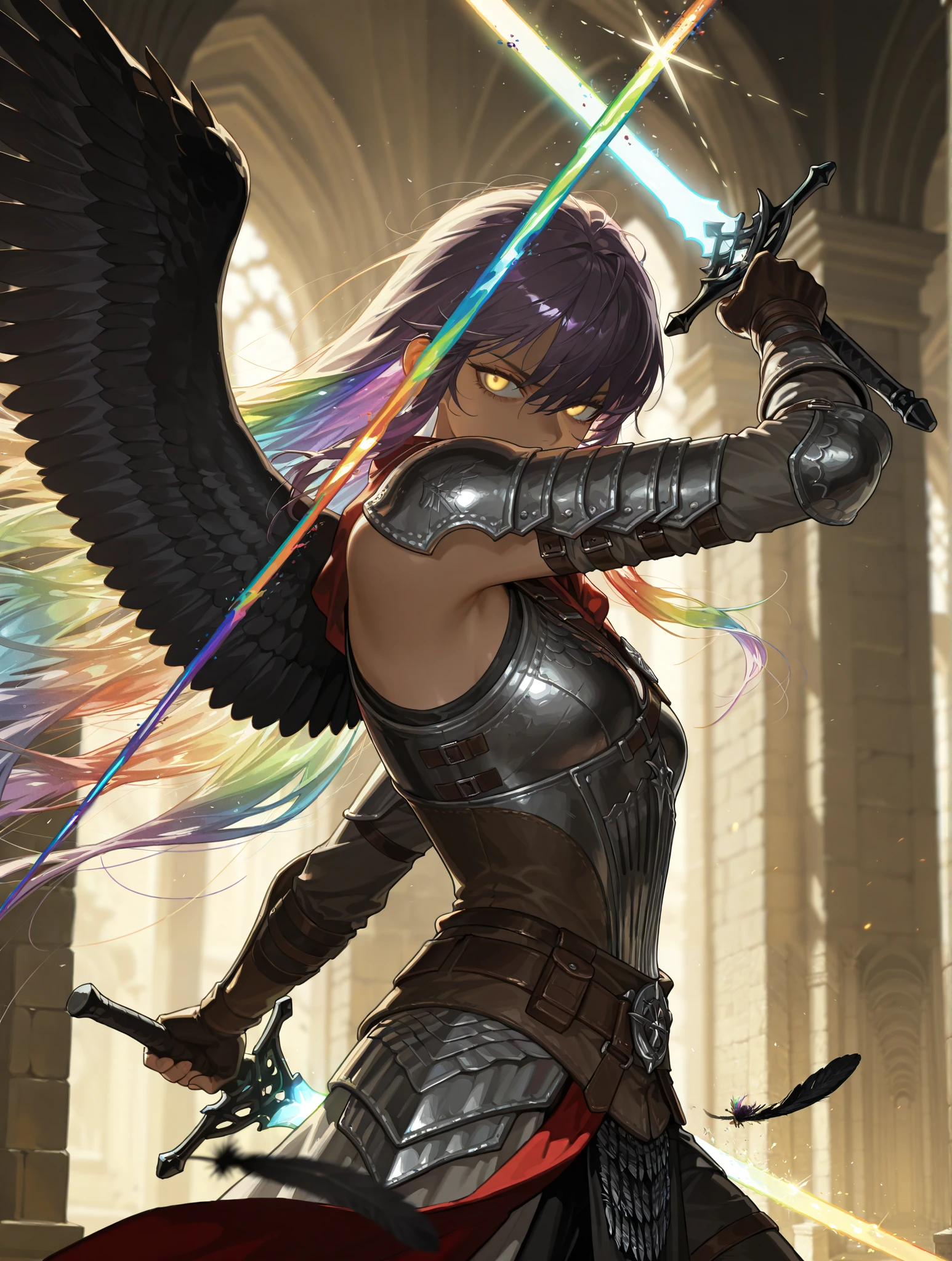 by [arknights|(748cmstyle:0.5)], god rays, cinematic shot, mature, young adult, masterpiece, best quality, amazing quality, very aesthetic, high resolution, ultra-detailed, absurdres, 1girl, solo, alone,(dynamic pose, glare, upper body focus, dynamic shot, action shot, side shot, three quarter view, cowboy shot:1.2), golden eyes,purple hair, translucent eyes, very long hair, (prismatic hair, reflective hair, rainbow hair:1.22), glitch art photo, white clothes, (fantasy attire, mythical attire, greek myth:114), athletic body, soldier, elite soldier, God of War, war god, greek style, demonic spiked fantasy armor, fantasy armor,  Black feathers, Fallen Angel wings, black burning feathers, burning wings, assassin's creed hidden blades, assassin's creed, Greek Temple, glowing eyes, wielding a glowing glass sword, translucent Elven sword, (glitchy sword, glitching sword:1.414),BREAK, depth of field, volumetric lighting 