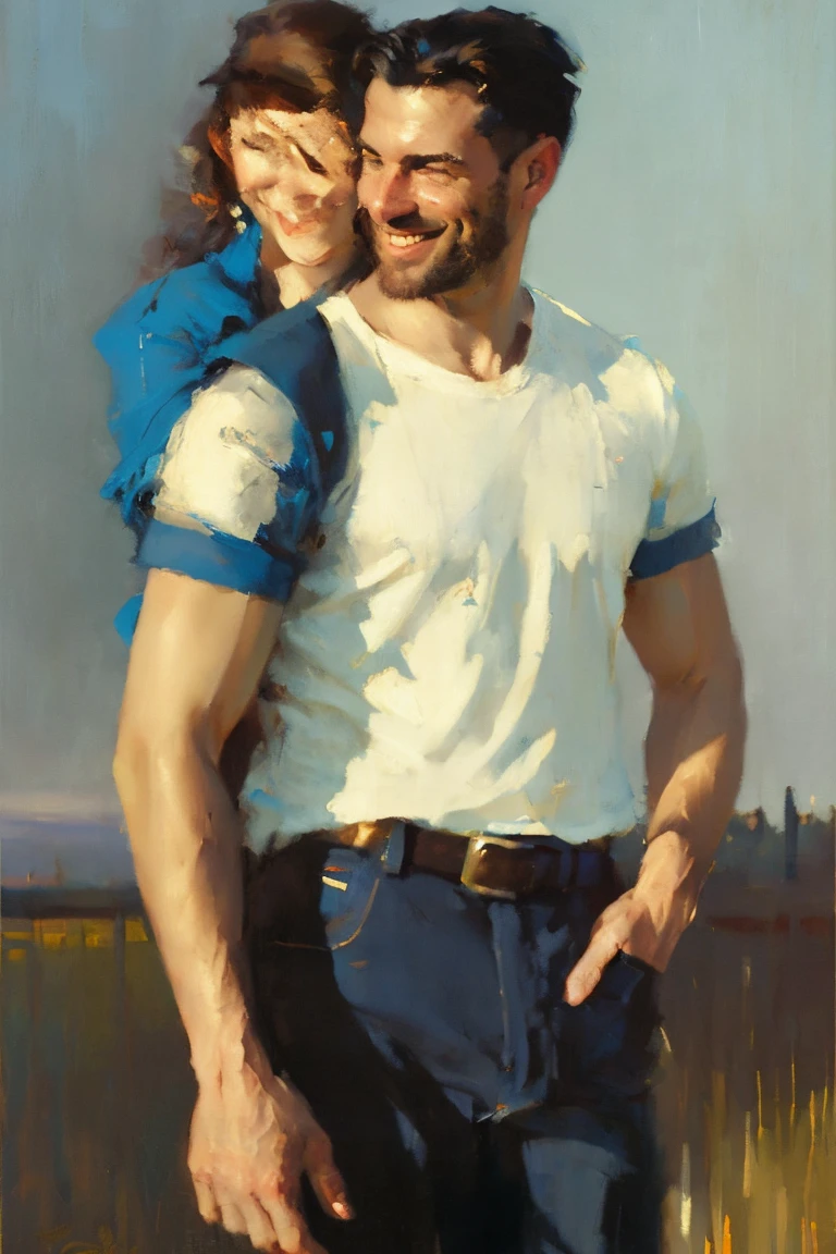 oil illustration by artist (Jeremy Mann:0.8) and Edwin Georgi, man (smirk:1.2) and (1girl) facing each other, t-shirt, dress, erotic tension, danger, fence, dusk country field americana, (cinematic composition, distant, low angle), highly detailed, masterpiece, high quality, intricate, professional, award-winning, highest quality, polished