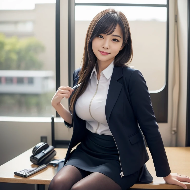 masterpiece、超High resolution、She is very cute and young like an idol..々A cute 18-year-old businesswoman、Gentle and cute、A kind smile、A business jacket that shows off cleavage、Medium Bust、Business Mini Skirt、Working in a building office Sitting in a chair ((Panties are visible from the miniskirt))、((whole body))、RAW Photos、Genuine、High resolution、live-action