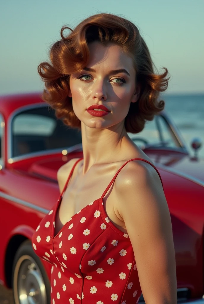 (medium full shot) of (fashionable 1940s pin-up girl) young woman, german, pale skin, jade green eyes, Medium build, medium ginger hime cut hair, wearing a white one-shoulder dress, peep-toe heels, bold red lipstick, carrying a stylish satchel, set in the year 1940s, in a cozy drive-in, featuring soft lighting, vintage decor, comfortable seating in cars, a romantic ambiance, woman smiling, ,Masterpiece,best quality, photo, realistic, very aesthetic, detailed face,