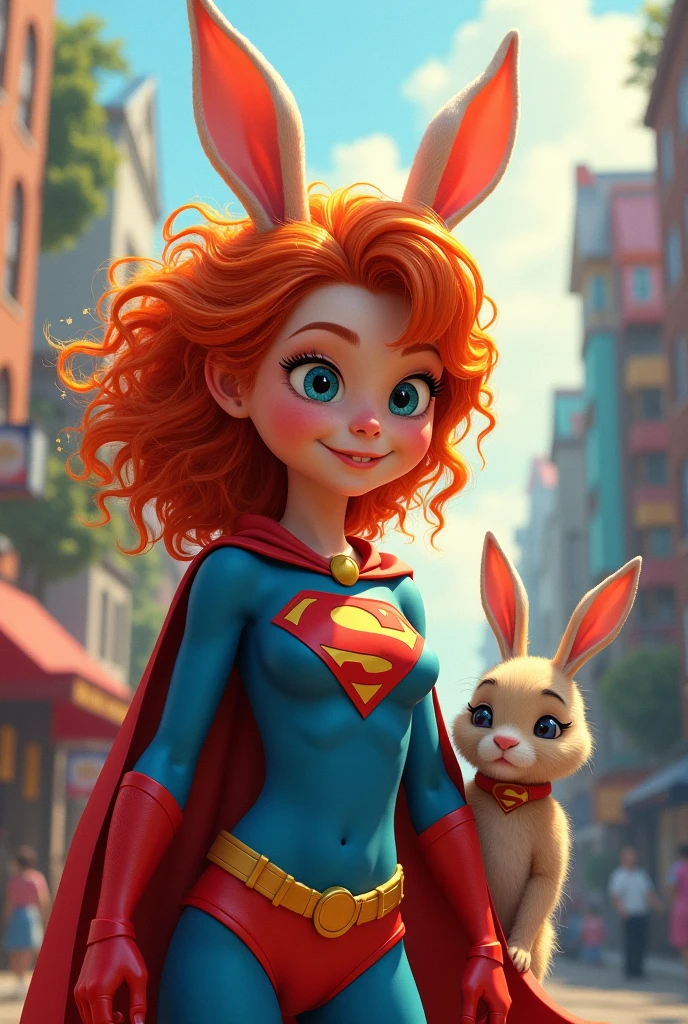 Red-haired curly girl in superhero costume referencing a rabbit wearing ...