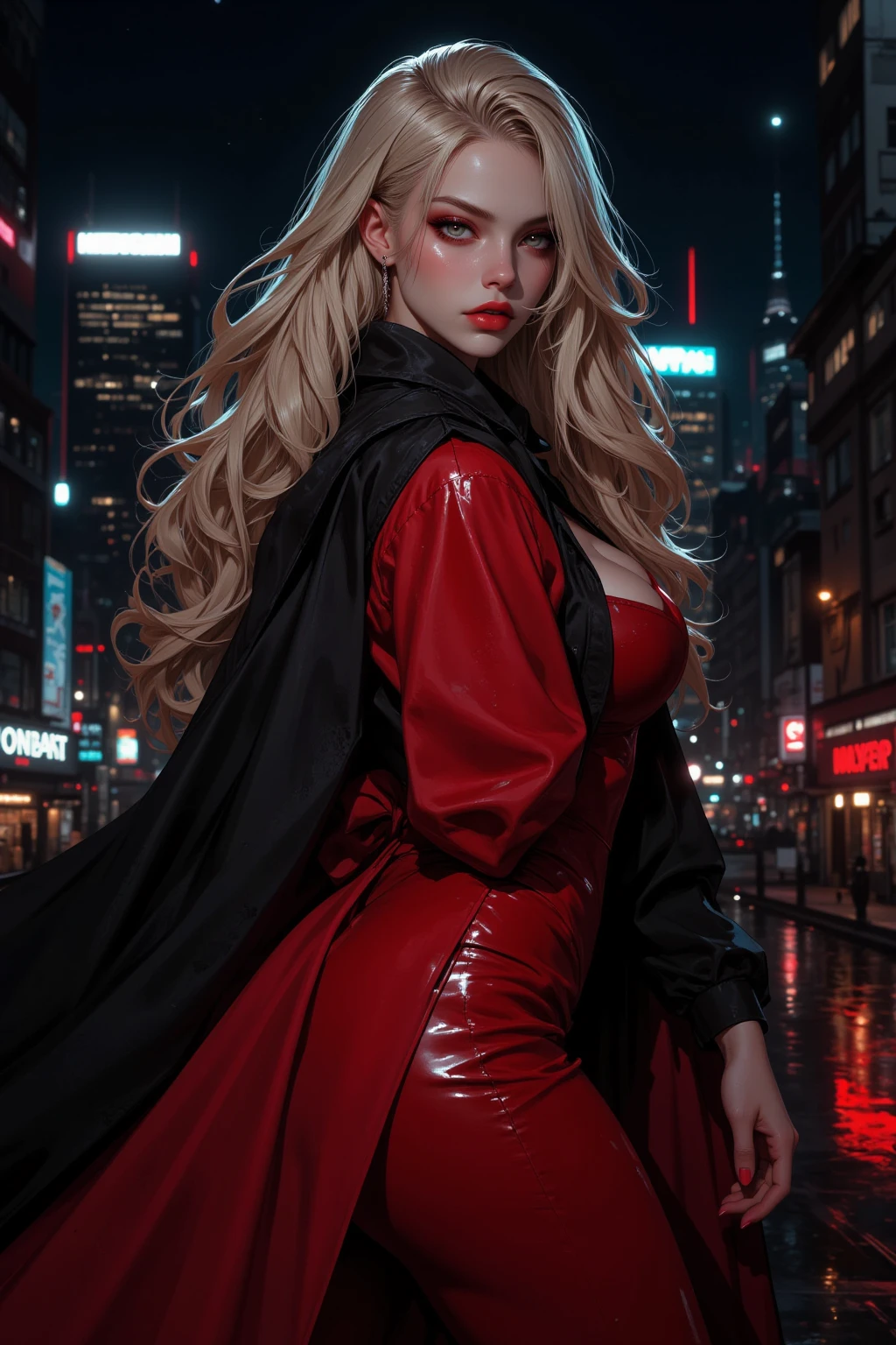 dark fantasy art, comic art, gothic art, (masterpiece:1.5), full body best details, highly detailed, best quality, highres, full body portrait of a female vampire (Masterpiece, best quality: 1.6), ultra feminine, with a long curvy hair, blond hair, (red:1.3) eyes, glowing eyes ((beautiful delicate face)), ((vampire fangs: 1.3)) Ultra Detailed Face (wearing elegant glamour open black leather jacket: 1.5) , (flowing black leather jacket: 1.5), wearing an intricate (red suit: 1.2) (intricate details, Masterpiece, best quality: 1.3), high heeled boots, urban background (intense details, beat details), fantasy, at night light, natural ,moon light, clouds, gothic atmosphere, soft light, ((anatomically correct: 1.3)), high details, best quality, 16k, [ultra detailed], masterpiece, best quality, (extremely detailed), dynamic angle, drkfntasy, evening dress, Intense gaze
