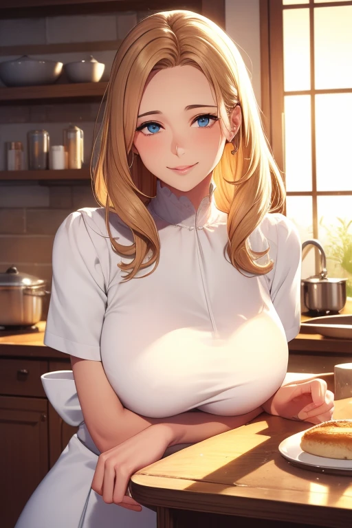 maid, mature female, carried breast rest, smug, tray, cum on breasts, cum, standing, small breasts, nipples