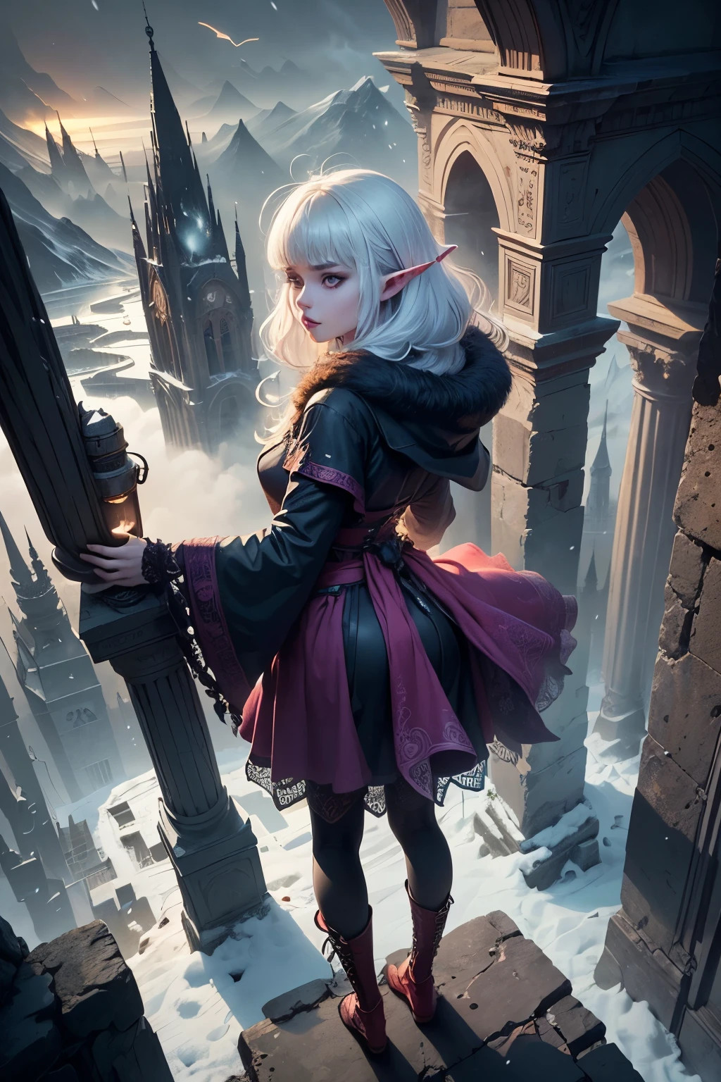 (Ultra-detailed face , Looking away , Fantasy Illustration with Gothic , Dark tone colors , Viewpoint from above looking down on the ground . ) , BREAK (A female dark elf astrologer magically floats in the air near the very tall spire of a very tall altar in a strong wind and falling snow , surrounded by a thick fog . Her hair , face , and clothes are all blown by the strong wind , and she is looking straight down from above with her back to the sky , holding a small magic lantern in her hand , in a bold pose and with large hand movements . The uninhabited ancient ruins look like a giant puzzle , a maze of spires built like forest trees around a palace and staircases that reach high into the sky and undulate like snakes . It is dark and silent , with no sign of life . ) , BREAK (The young female dark elf astrologer has white hair , white eyebrows , blunt bangs , waist-length long , messy , wavy hair , small pink lips , dark purple skin , and thick eyeliner . ) , BREAK (The dark elf astrologer wears a fiery red lacy cape with a simple orange ribbon tie . She wears a tight velour lace-up dress of jet-black fabric printed with a pattern of small crimson roses . Around her waist she wears a pareo with colorful beads woven into it . She wears moccasins with fur embellishments . ) , BREAK (This is the remains of an old , huge city , locked away by glaciers and snow . Spiral staircases and spear-like spires stand in the air , with gardens and clock towers floating in the sky . There is no sign of life . )