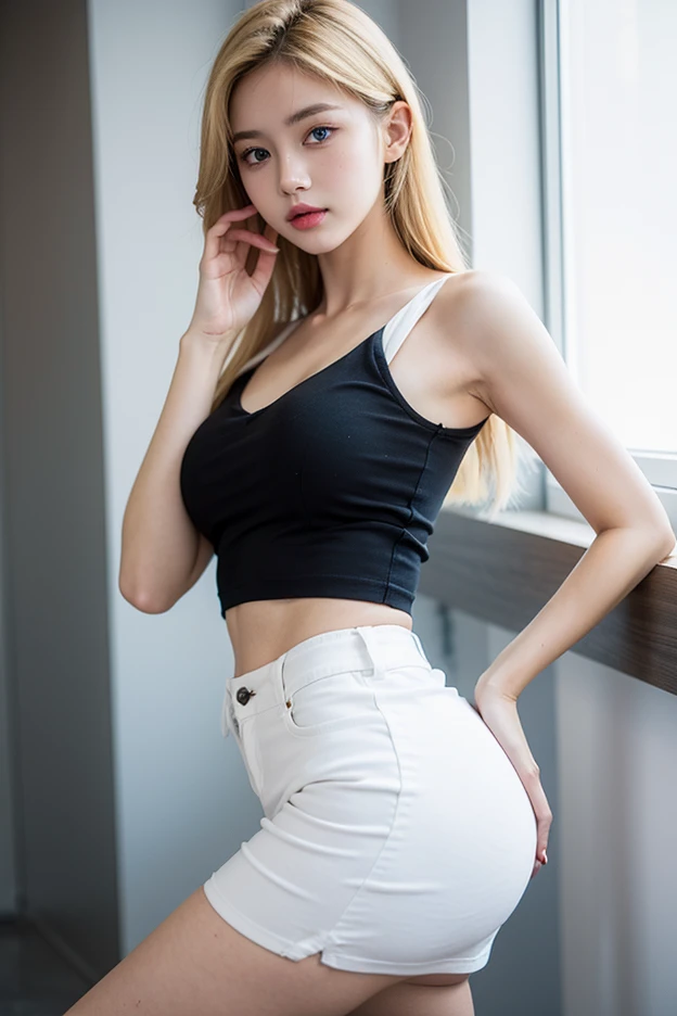 Korean Idols　Mature Woman　40 years old　((Blonde chignon with bangs))　Smokey makeup black mascara　Bright red lipstick and plump lips　　(White sleeveless t-shirt)　Denim mini skirt　garter belt　Fishnet stockings　Big Breasts　Duck mouth　Sweaty, shiny skin　Clean armpits　In the rain forest　hands behind head pose　Portrait　Gravure photoshoot