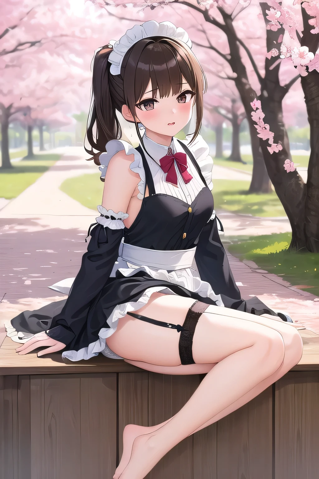 muste piece、masterpiece、highest quality、Super detailed、High resolution、8K portrait、High definition CG of Unity 8k wallpaper、cute type little:1.5、Lori:1.5、Highly detailed CG unity 8k wallpaper、Realistic、real person、 portrait photography、shiny skin、High definition、(:1.2)、(1 girl)、beautiful clear eyes、extremely detailed description、delicate face、nice lips、slender body、small breasts、thin waist、thin legs、(garden:1.6)、1 girl, cute type, perfect face, seriously, (blush:1.5),(brown hair bob hair:1.3),(small breasts:1.4),(Boobs Topless 1.3),(I have nipples:1.2),((Maid clothes:1.3)),(black dress:1.1),(looking at view:1.2),(from front:1.2),gran,((climax in vagina:1.5)),(squat)