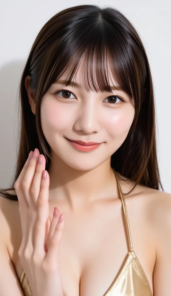 The beauty of 8K raw photos:2.0, Japanese woman, short hair, 18 years old, great face and dark eyes, looking at the viewer:1.5, big smile, tongue out, show the tongue, wet hair, show the crotch, spread the legs wide, show your cameltoe:1.2, tiny top, blowjob gesture, (pink micro bikini:1.2), shinny skin, realistic:1.9, very detailed, close up face shot from under:1.2, High resolution RAW color photos, professional photos, Taken at the studio, plain wallpaper, girl sexy portrait