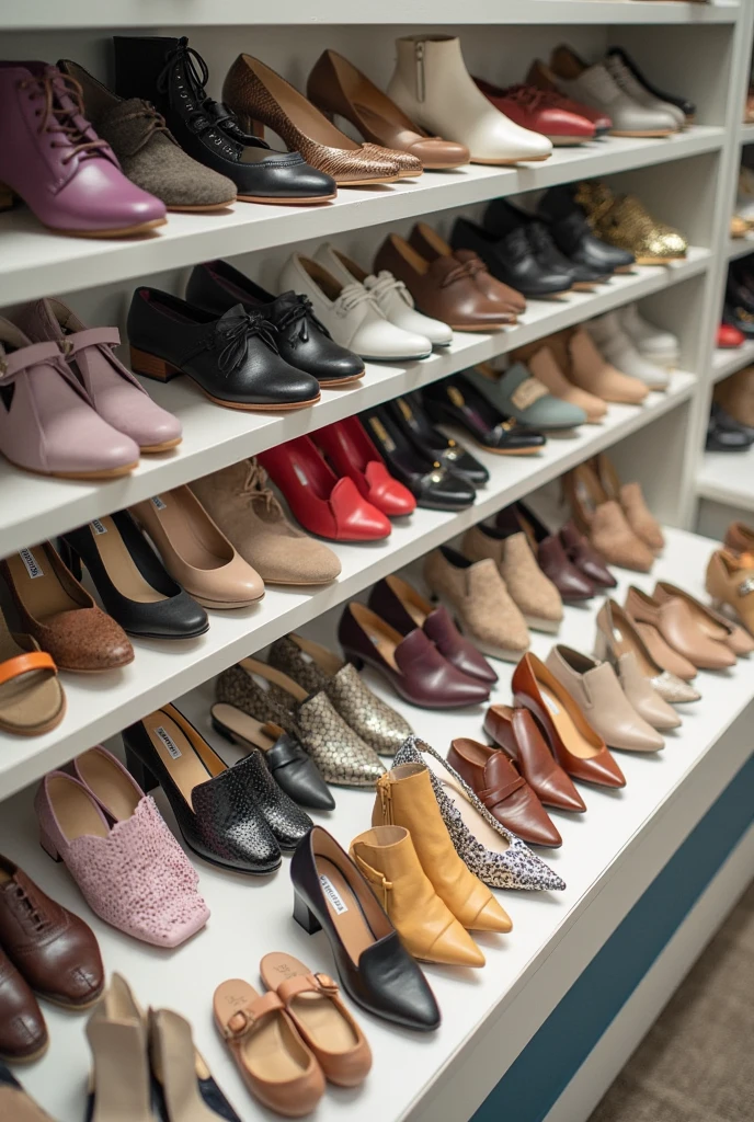 one shoe rack full of beautiful shoes but one old,dirty and ugly shoe in the middle 