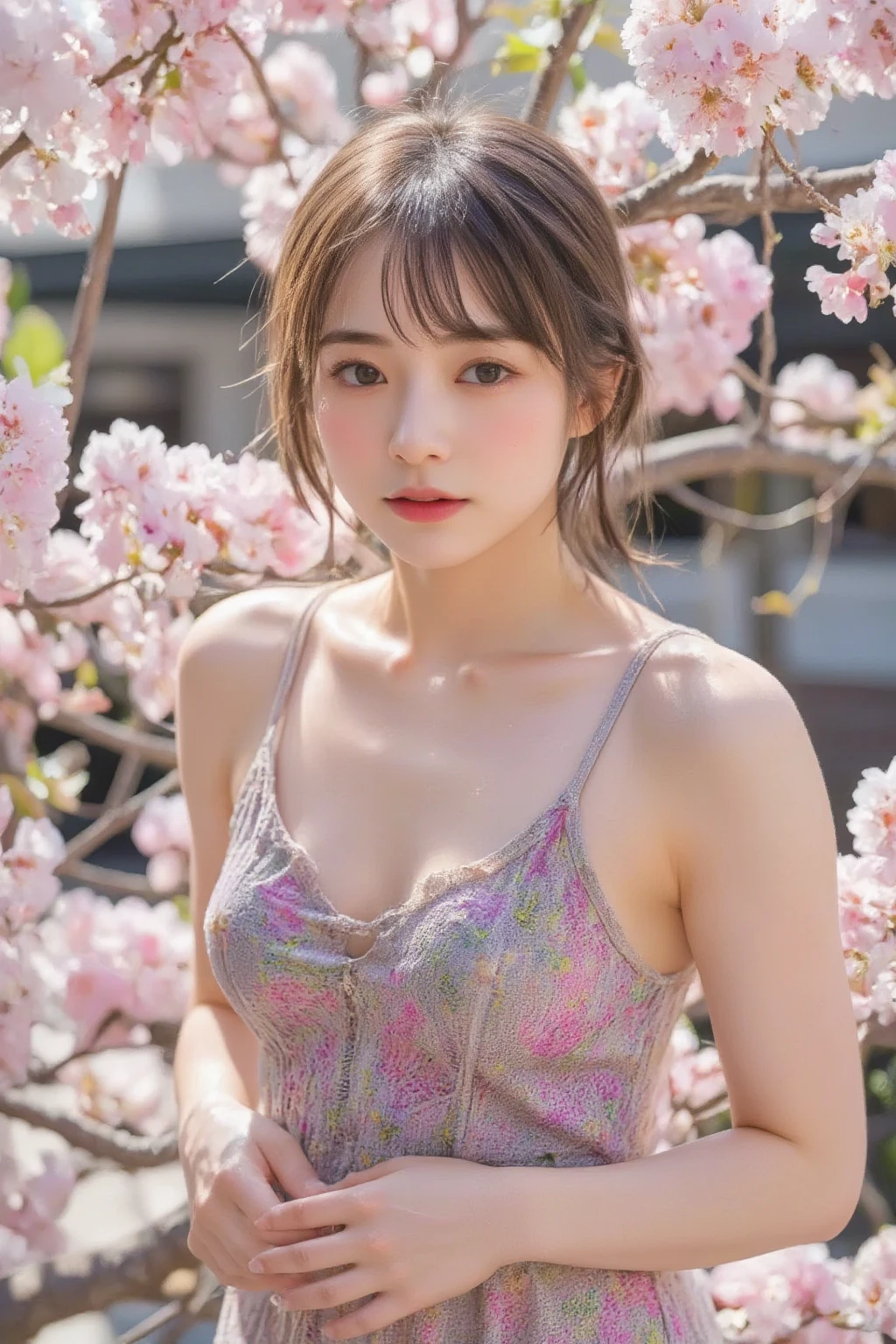 (Close-up of the painting style，Ultra HD 8K，Masterpiece grade CG wallpaper)，Cinematic lighting，cute girly，Delicate and beautiful face，Dreamy pupils，Wearing a small floral short summer dress round waist, Small Breasts, Bust poem,Sit, Cloudy background,the trees,florals,summer,Chinese style buildings, cleavage, magical