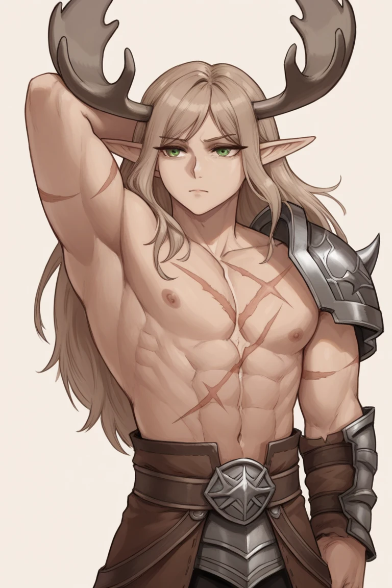 Imagine an elf boy, tied to a sacrificial log, naked and facing away from the viewer, with a big butt and long blonde hair, there is firewood and fire all around him and a crown under his head.