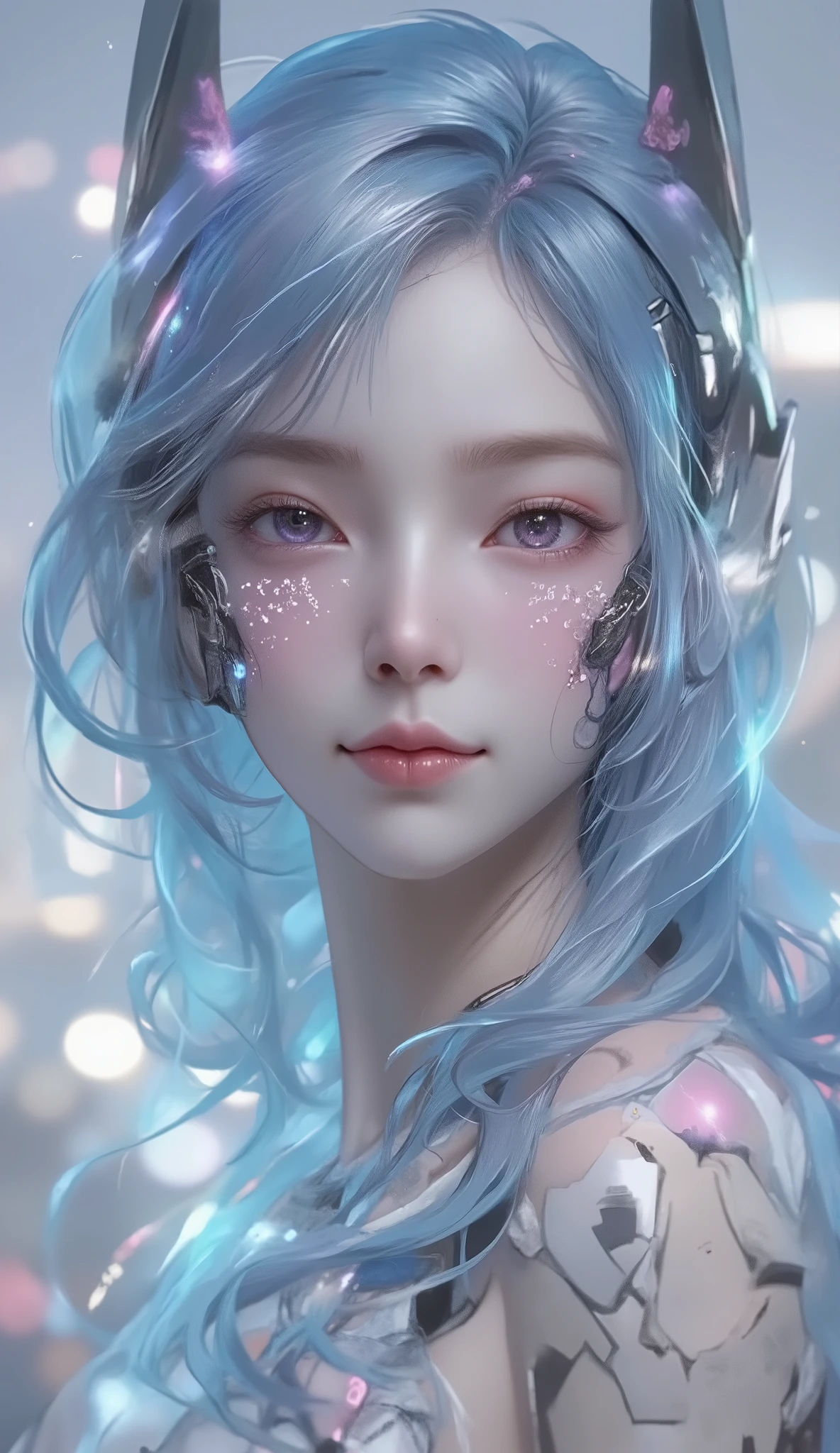 1 woman, Purple Eye, Blue Hair/Water Color Hair, Smile, looks at the audience, Cyberpunk female armored AI humanized human, Multiple Exposure , The lens projects countless numbers, Ultra-high performance AI robotic eye,Watching everything in the entire two-dimensional universe。
