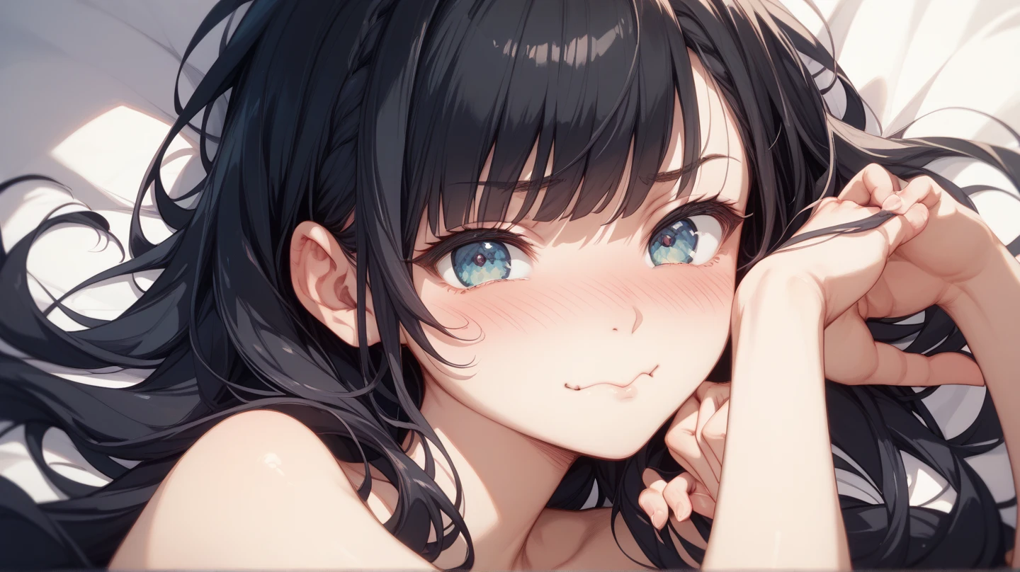 (masterpiece, nsfw, 2D moe anime:1.3), (best quality:1.2), (very aesthetic:1.2), (absurdres:1.2), (detailed background),newest, solo, (close to kawaii face focus:1.5), 6 year old kawaii petit little toddler:1.3、looking up and kissing , independent, deep colored Hair、medium hair, perfect pupils of anime style big eyes with eyelashes, tempting smile with blush, (open small mouth, tongue out, cute lips:1.3), Ultra-Realistic Capture, Very detailed、bare shoulder, High resolution, pretty:1.3, depth of field