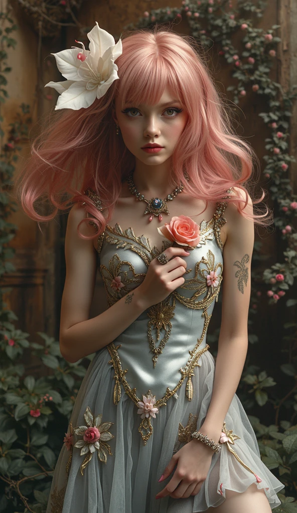 Masterpiece, best quality, high quality, realistic, high detailed, ultra detailed, intricate detailed, award winning,Flower hat, too_many_butterflies, baroque, women, A woman with flowing green hair contemplates a large, delicate blue rose against a dreamy, pastel background, Hummingbird, rose mandrake, 16k, 32k, uhd, sharp lines, (lots of details:1.2), extremely detailed, raw, dslr,