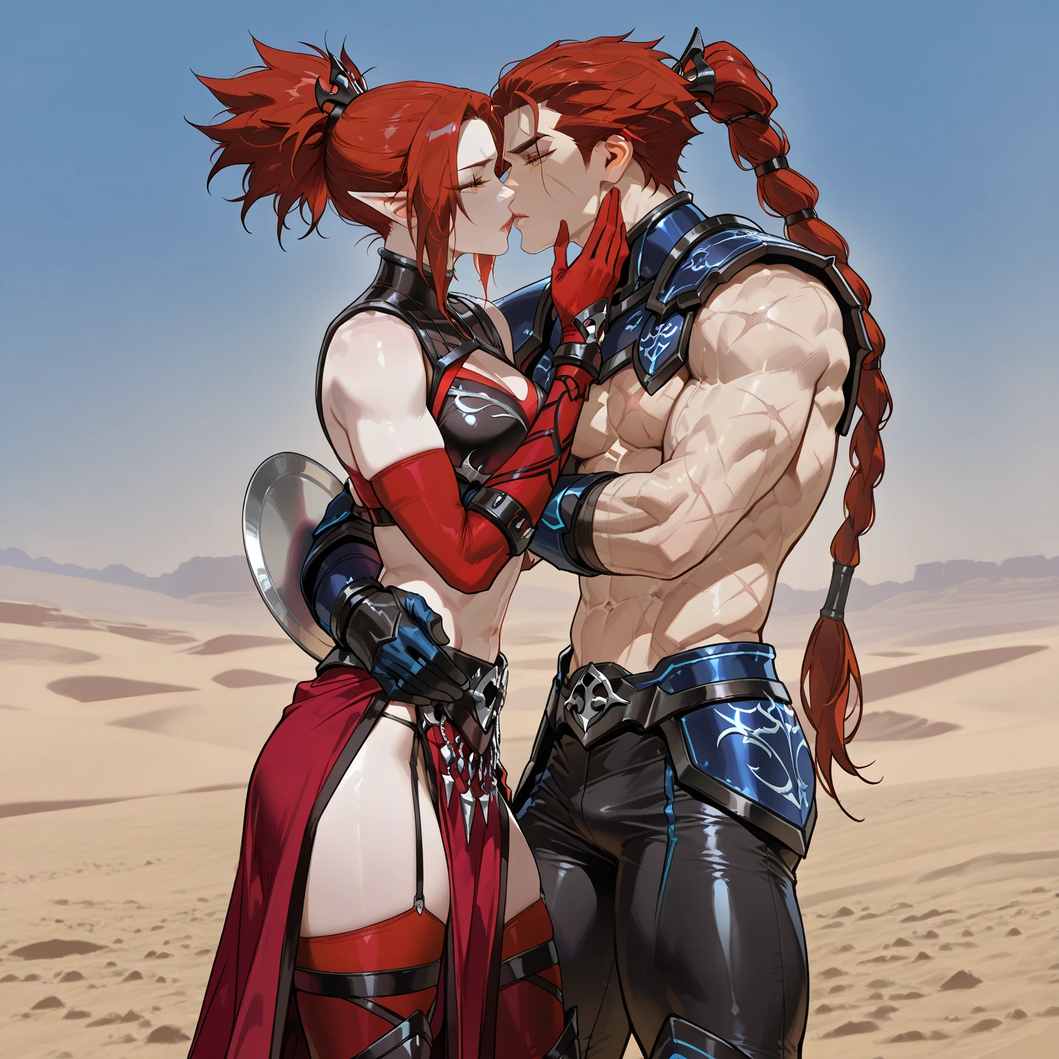 score_9, score_8_up, score_7_up, score_6_up, score_5_up, two person, duo, brother and sister, standing in front of each other, kiss, upper body,
{1girl, 4z0l4. Fury sister, elf girl, (ss-h5BSis), pointy ears, orange eyes, lipstick, makeup, pale skin, Scarlet hair, red hair, very long hair, big hair, muscular woman, abs, (6 pack abs), muscular thighs, twilight steel armor,  red and black clothes, (female gladiator), bare shoulders, bikini armor,  red turtleneck bikini, red elbow gloves, bracers, plate gloves,  red armlet, pelvic curtain,  red thighhighs, thighhighs straps, shin armor plates, plate boots, heels, uses dual blades}. 

{1man, ((male)), 4z0l4, Blade dancer, elf male, pointy ears, orange eyes, pale skin, red hair, Scarlet hair, braided hair, tall, muscular male, abs, (6 pack abs), scars on chest, twilight steel armor, armor, (gladiator), bare torso, bare shoulders, bracers, plate gloves, red armlet, leather pants, shin armor plates, plate boots, plate gloves, uses dual blades}.
(intricate details, masterpiece, best quality), high definition, realistic, 8k, in the background: battle, desert, sand dunes, heat, high sun, cloudless sky, midday,
Get ready to dive into a world where beauty and craftsmanship merge seamlessly, anatomically correct, looking to the side
