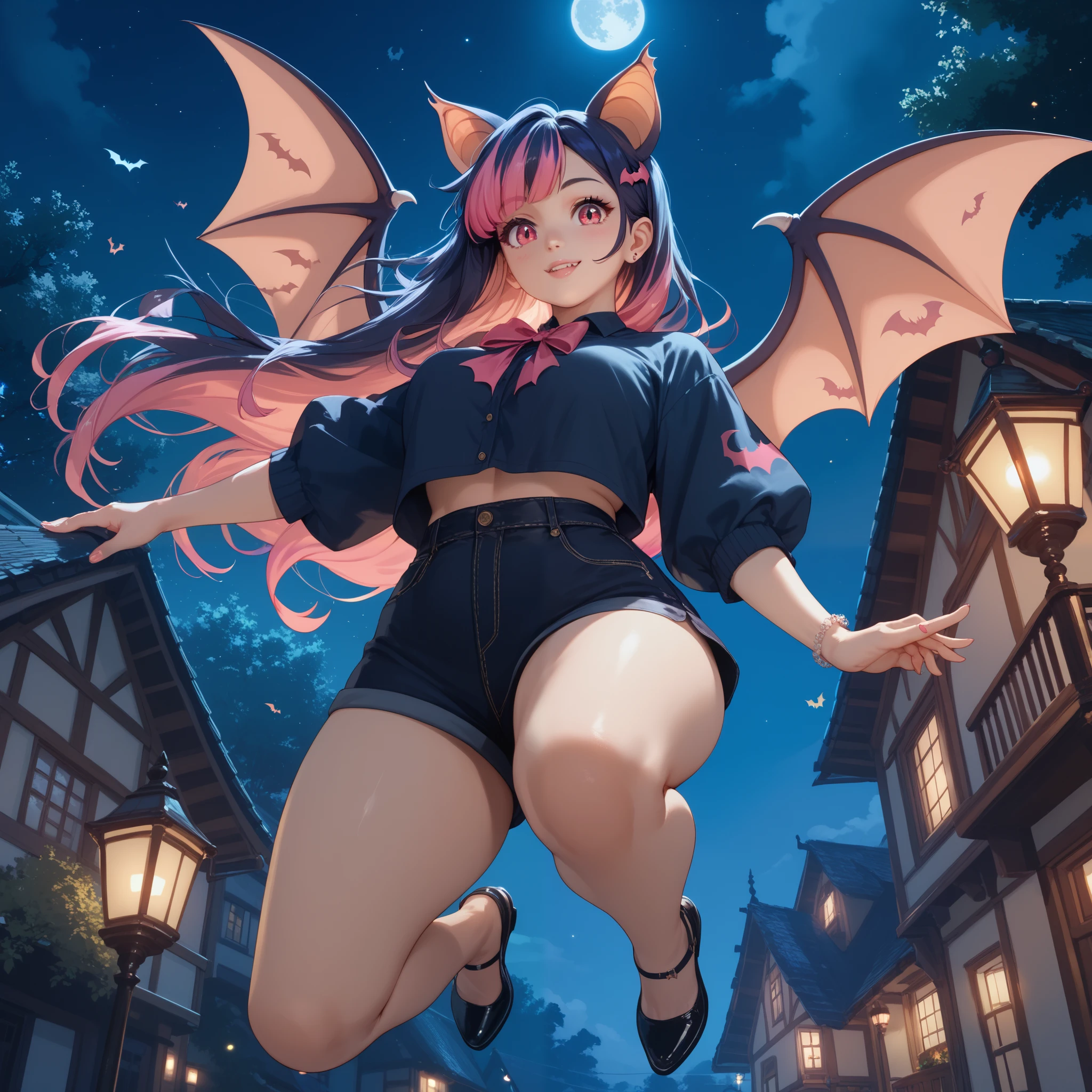 Devil character、Big devil wings、creepy sky,Halloween,Big horns、Giantessのイラスト、masterpiece、Highest quality、Giantess、Giantessのイラスト、smile、Open mouth and show teeth、beautiful身体、beautiful、Anime illustration、A small building being destroyed underfoot、Tank top、Shorts、Low - Angle、walk、Looming、I can see my feet、Draw a woman in a big way、Giantess、Hands on hips、giantess、Destroyed small town、Destroyed small building district、Smoke is rising、The fugitive々、Destructive illustration