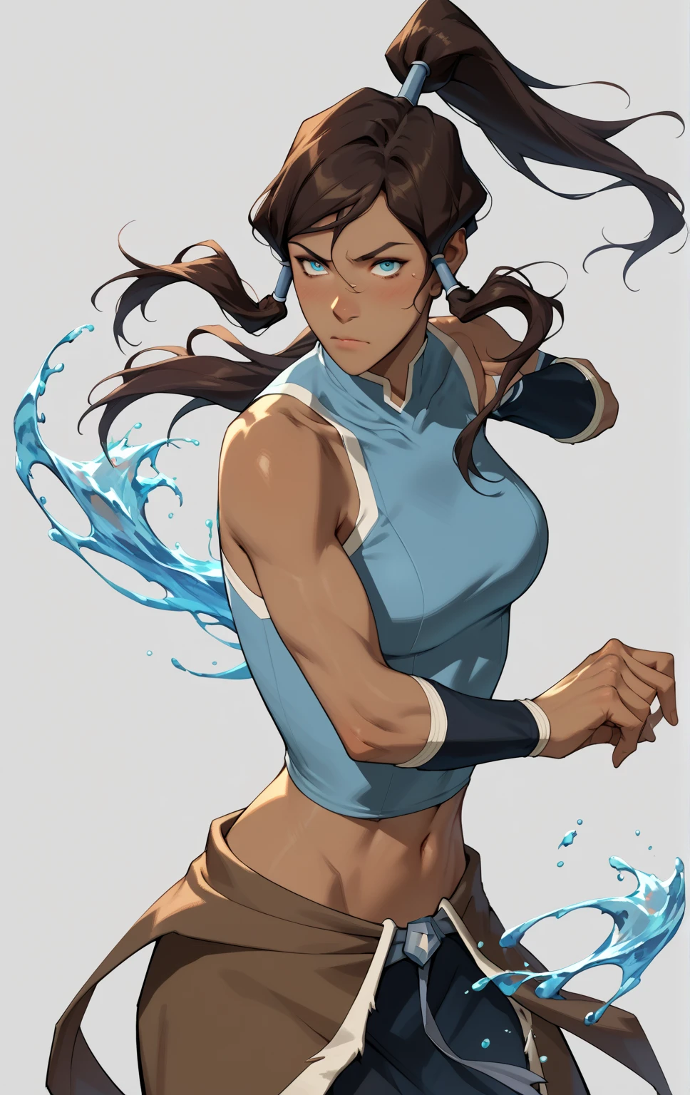 score_9, score_8_up, score_7_up, score_9, BREAK korraSDXL, 1girl, solo, long hair, looking at viewer, brown hair, bare shoulders, midriff showing, croptop, medium breasts, standing, ponytail, sleeveless, dark skin, dark-skinned female, hair tubes, vambraces, topknot, in action pose, bending water around her, ((simple background))