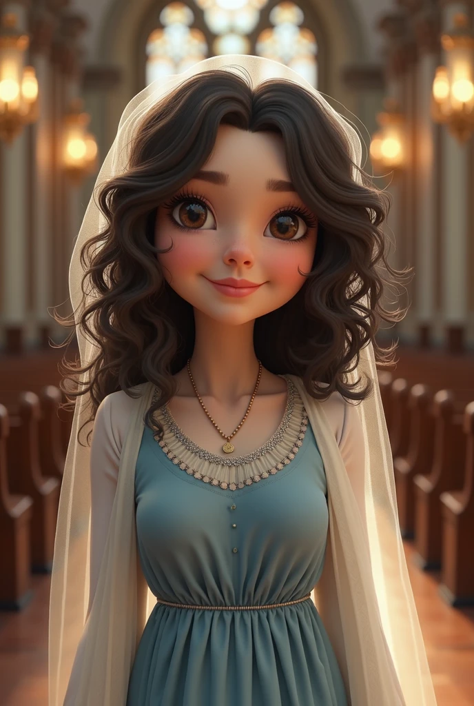 17 year old chubby girl smiling, white skin and brown eyes with almost long curly dark colored hair standing in a catholic church , with a light blue dress Modest and long and without necklines , and a veil used in masses for single women in the past