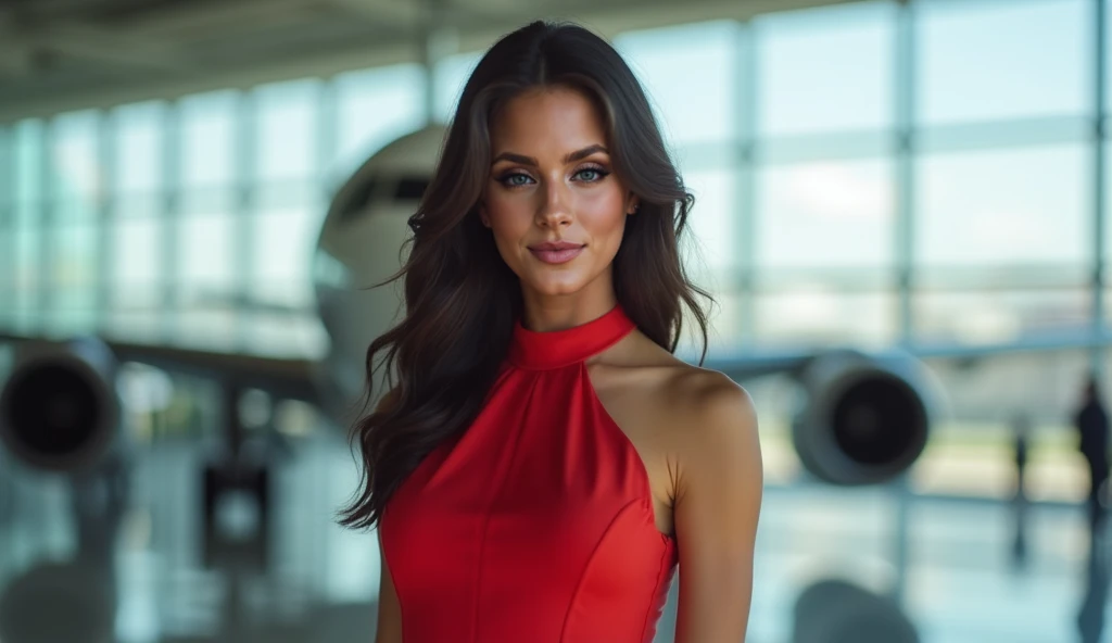 young woman , posing in front of the camera , in a red dress - SeaArt AI