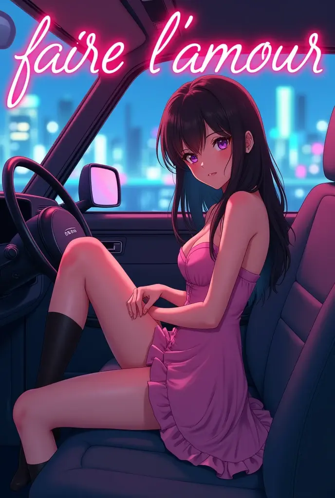 anime girl sitting in a car with her legs up, sitting in her car, seductive anime girl, anime moe artstyle, (anime girl), anime girls, attractive anime girl, anime girl,  ecchi anime style, cute anime girl, realistic anime artstyle, ecchi style,girls und panzer,el,parted bangs
