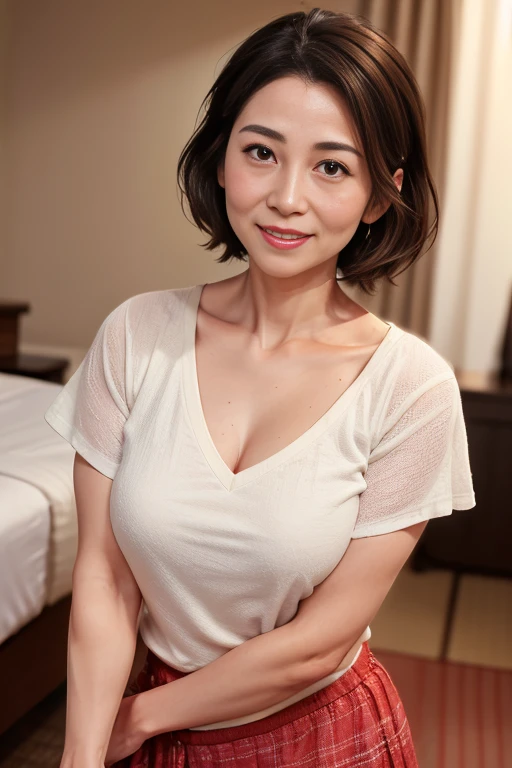 Japanese Town(Bedroom、bed)、High resolution、high resolution. Masterpiece Skin Roughness、Anatomically correct sharp、((Japanese Mature、40 years old)alone(Facial wrinkles))Shapely large breasts、Light black short hair reaching to the shoulders、Slim figure(Stand upright。Facing the center of the screen.)).A sparkling smile、Racy Bra、The best city、Japanese Gardens、self-injurious behavior、Masturbation、