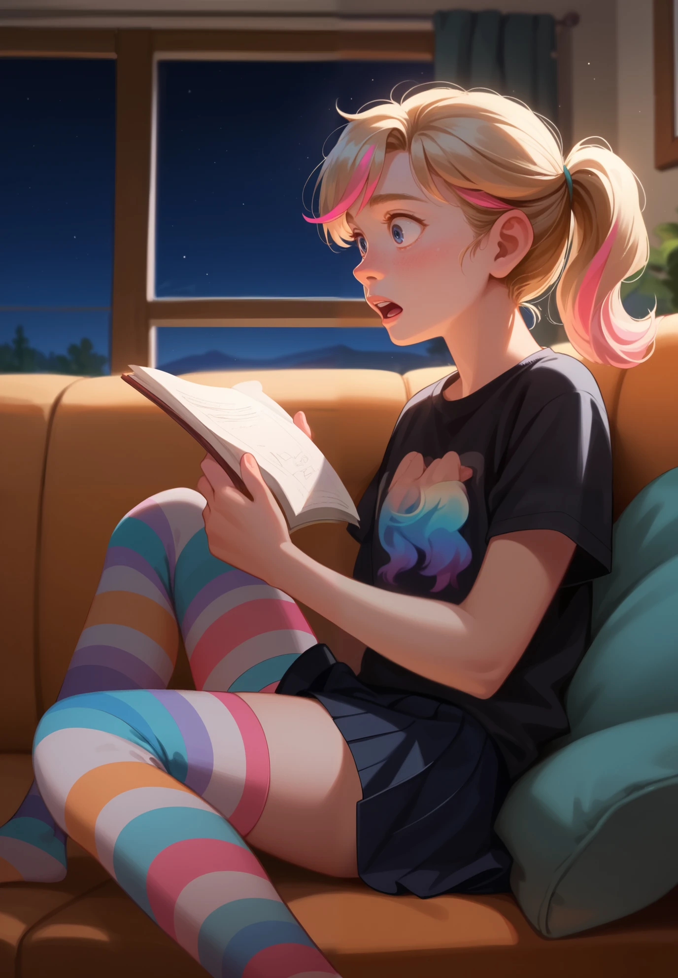 1girl, anime style, vibrant colors, Riley Andersen, Inside Out, surprised, blonde ponytail hair with pink highlights, sitting on a couch, black top, short skirt, striped thigh highs, BREAK, mountain cabin, night time, beautiful lighting and shadows,