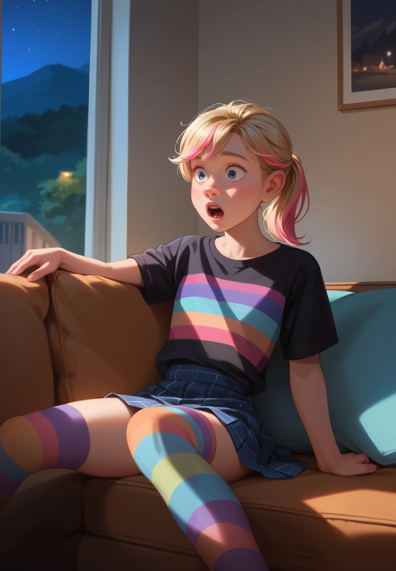 1girl, anime style, vibrant colors, Riley Andersen, Inside Out, surprised, blonde ponytail hair with pink highlights, sitting on a couch, black top, short skirt, striped thigh highs, BREAK, mountain cabin, night time, beautiful lighting and shadows,
