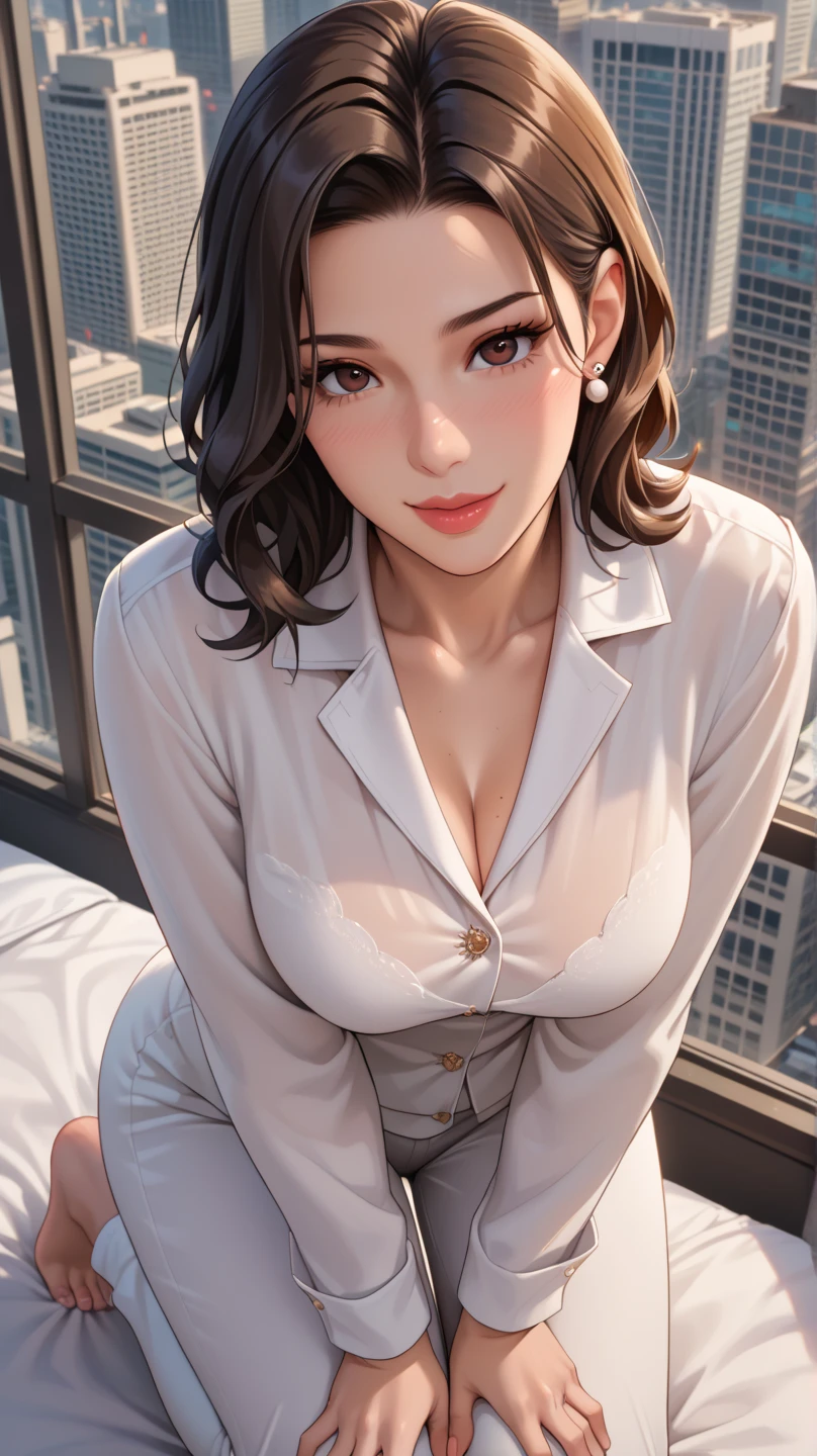 Long eyelashes, Round eyes, throw, Straight hair, Long Hair, Redhead, Big Breasts, eyeball, compensate, Cast a Shadow, High detail, 8K, Super detailed, Accurate, Highest quality, Textured skin, Full body image, Performance, face, Angry Eyes, Angry expression, From above, Wearing black suit pants, Wearing a black men&#39;s suit, On the bed, Lying down、24-year-old female、Sexy proportions、Sexy、adult、erotic、