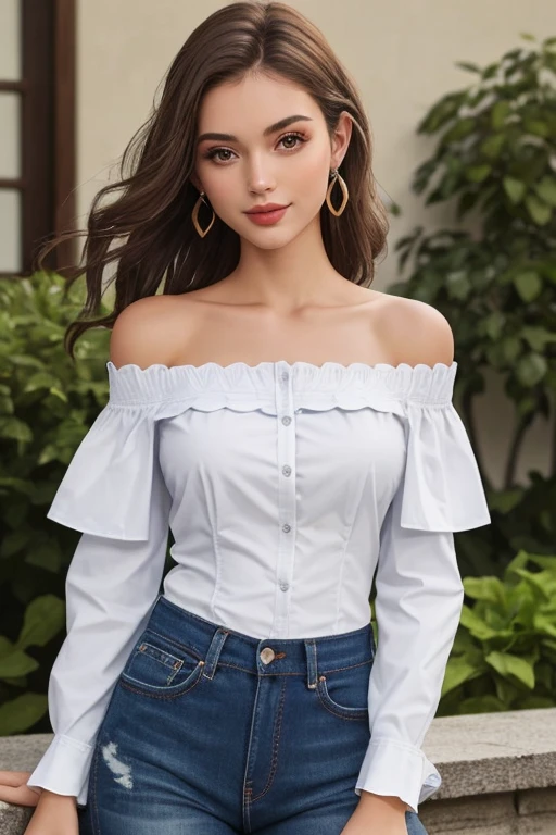Realistic full body photo of a smiling, beautiful brunette woman with long hair, She dances in front of the camera in a spaghetti strap blouse made of purple satin and tight elegant jeans ...., Fine fabrics, Park,glamour fotoshooting, Park, perfect anatomy, perfect brown eyes. Perfect hands with 5 fingers on each hand, Suitable woman, look into the camera, 1 Frau. (Eye make up:1.1), (highly detailed skin:1.1), spirit, analog style, keen focus, 8K UHD, dslr, good quality, Fujifilm XT3, Grain, Award-winning, masterpiece. Park