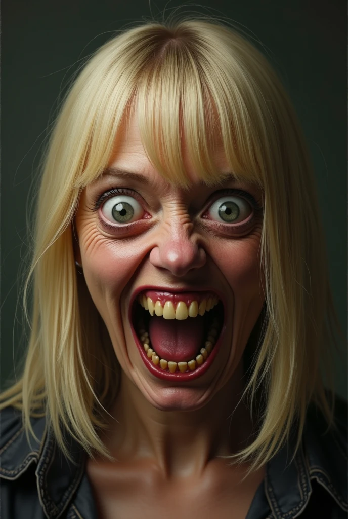 a detailed beautiful sexy evil witch with a big long nose, big inflated forehead, long blonde hair, eyebrows raised seductively, perfect teeth, big teeth, wearing a blue dress, evil laugh, cinematic lighting, hyper realistic, 8k hd resolution, highly detailed, photorealistic, masterpiece, cartoonishly big evil eyes