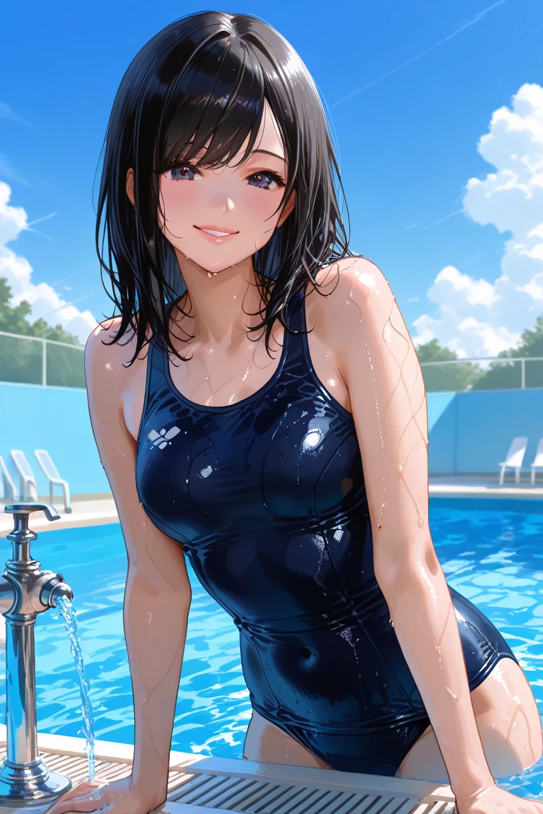 15 year old girl, 独奏, (Breasts enlarged、)Smiling face,( Cleavage emphasis、Wearing a white and blue swimsuit、Versatile poses、A masterpiece with sexy wet hair, top-quality, realisitic, ultra-detailliert, (shinny skin, Sweating: 1.4), looking at viewert, short dark hair, Brown-eyed, slender, dynamic light and shadow, hight resolution, foco nítido, depth of fields, Narrow-eyed, Sharp pupils, Realistic pupils, (breasts are small: 1.6), (Thigh thickness: 1.0), Indoor pool