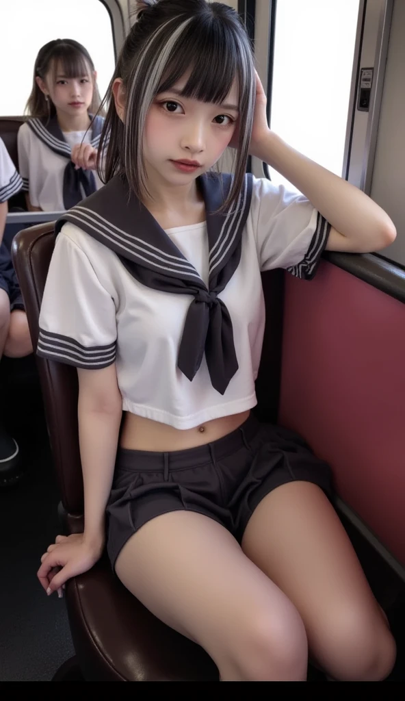Browsing Caution, ((masterpiece)), ((Highest quality)), (Very detailed), ((cute)),, (Multi-point), ((sexy)), (device), ((Very detailed)), 4K, (8k), Highest quality, (山手線のin the train椅子に座りShowing panties女性), hyper cute face, shape,,hyper Genuineistic, Genuine, Dynamic Angle, ((whole body)), close, Thick outline, Clear contours, in the train, (One Woman,:1.5), (Schoolgirl uniform :1.5), 美しい light brown hair, Beautiful brown eyes, ((White panties)), (Spread your legs out to the side:1.5), ((short hair)),  smile、Anime Style、((Please lift your skirt))、(((Showing panties)))、Primary school students、、young、Long Hair