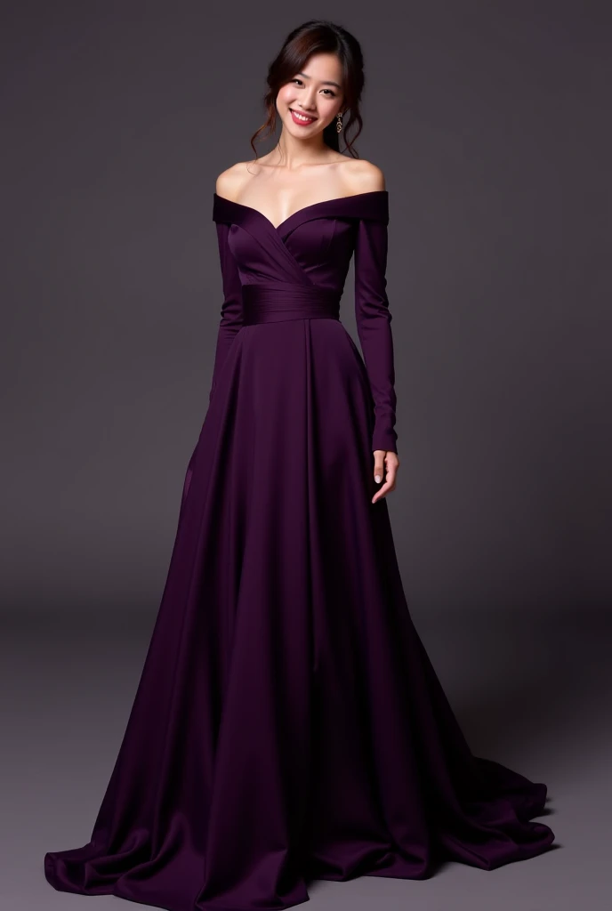une jeune femme réaliste, très détaillée, brune claire aux cheveux longs, yeux marrons. Elle porte une robe de princesse rouge en satin. Elle porte aussi des longs gants en satin noirs ainsi qu'un ruban noir en satin autour de son cou. Elle est sur un throne, seule, avec un regard supérieur