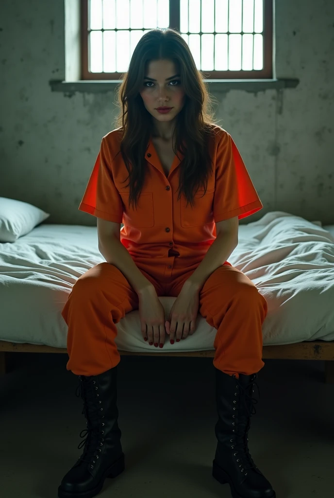 Beautiful 30 years old women wearing an ((orange jumpsuit)), (((sitting in a prison cell))), iron bars, sharp focus, ((wide angle 35mm)), (atmospheric lighting), night sky, moonlight coming through window, volumetric lighting, specular lighting, moon beams, raytracing, subsurface scattering, raycast, prison grounds background, eyes looking at camera, sharp focus, extreme focus, super detailed focus, extreme bokeh, night sky, ambient light, volumetric lighting, raytracing, reflection, refraction, subsurface scattering, raycast, raycasting, moon beams, hdr, sharp focus, extreme focus, super detailed focus, dof, extreme dof, bokeh, extreme bokeh, high quality, highest quality, 8k, 16k, photorealistic, photoreal, medium breast, breast cleavage, sexy underwear,  pose, legs straddle, open your legs, legs wide open,