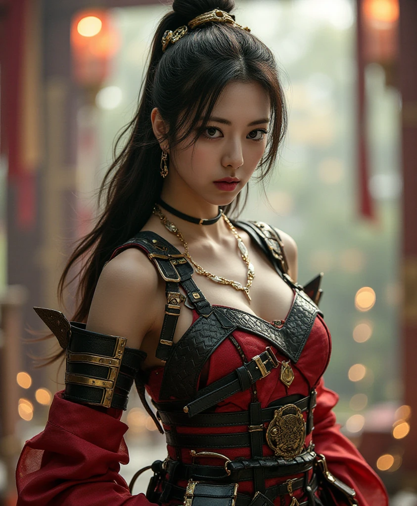 ((Unreal Engine5)), real rendering, Excellent, (Full set of samurai armor), (Cuirassiers), (Cloak), (The samurai were at the helm), looking at the camera in, Stand in the studio, Nice face, cosmetics, CGI mix, (photo-realism:1.2), Surreal ultra high definition face,exposed bare shoulders，Bare with thighs, a slender waist, Hourglass figure, Half a body, ((Glowing skin)), ((Skin glows)), Realistic body, ((She has a sexy figure)), ((Clean the skin)), realistically, bokeh, motionblur, tmasterpiece, A high resolution, 1080p, super detailing, ctextured skin,Bare-chested