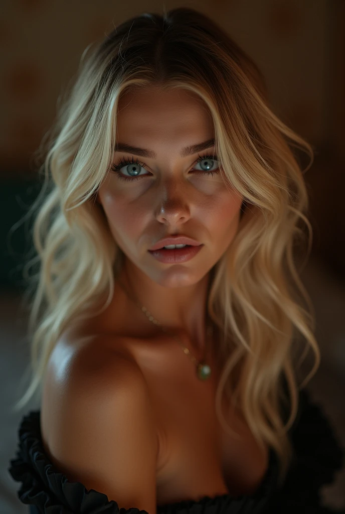 masterpiece:1.2, ultra-detailed, realistic, portrait, A beautiful porn actress model young woman in her 30s, direct angle, slutty dress, piece of art, Best quality, (very detailed raw photo :1. 2), 8k arnald, model shooting, Midway, Supermodel, Model poses, loose hair, beautiful eyes, close-up photo, a high resolution, piece of art, (beautiful detailed eyes), (beautifully detailed face), Perfectly shaped body, (Ultra detailed), standing and looking directly into the camera, evening time, cozy style, sexy short dress, huge breasts, very hot woman, beautiful face, sexy gaze, smoky eyes, seductive gaze, high-resolution picture, Long hair, Colossal tits, Looking at Viewer, jewelry, a necklace, Sweaters, Realistic, playful look and playful smile, playful gaze, dark and foggy background, blond hair