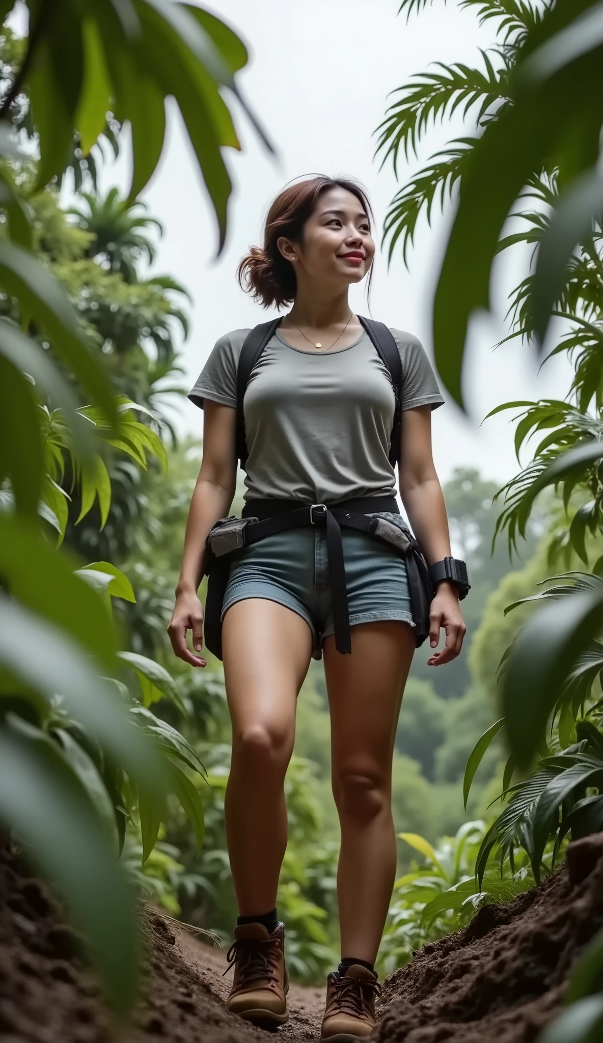 (( Upper body )) ,A young woman, aged 25,Lower view , wide angle , backstand looking at viewer , Hiking T-shirt , Forest boots and gear visible amidst the lush greenery of the rainforest. its colors muted by the gray sky, as she gazes out into the dense foliage. capturing the atmosphere of a challenging ascent, in the middle of rainforest , messy tree , dynamic pose , sexual pose , smile.