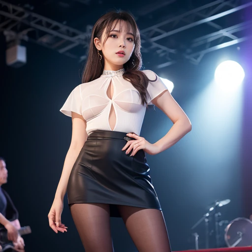 The only 18 year old beautiful girl idol、NSFW、Super detailed、High resolution、transcendental beauty highest quality、masterpiece、Wear knee socks、Majimix Real、(RAW photo:1.2)、(Photoreal:1.4)、beauty in details、and delicate expression、On the concert stage、(An idol group's costume is torn、I can see your nipples:1.5)、idol costume、microphone、blonde、brown hair、Sweat、smooth medium hair、((you can see me))、(squat)、eyelash、sparkling eyes、glossy lips、beautiful and detailed eyes、((beautiful japanese girl))、very detailed expression、highly detailed face、movie lighting、positive、((dynamic pose))、((open stance))、(You can see her pussy through the miniskirt:1.8), idol group costumes、(Accurately represents the shape of the female genitals:1.5), (Detailed depiction of the labia minora, vaginal opening, Detailed depiction of the clitoris:1.5), (Open your legs and see my pussy:1.8)、(Dance with dynamism:1.8)、thin legs、(I have a remote control vibrator installed.:1.7)、Panting with sexual pleasure、(Feel the climax of ecstasy:1.6)、Open your mouth wide and scream、shame、Her cheeks flushed slightly、heartbreaking cry、angle from below