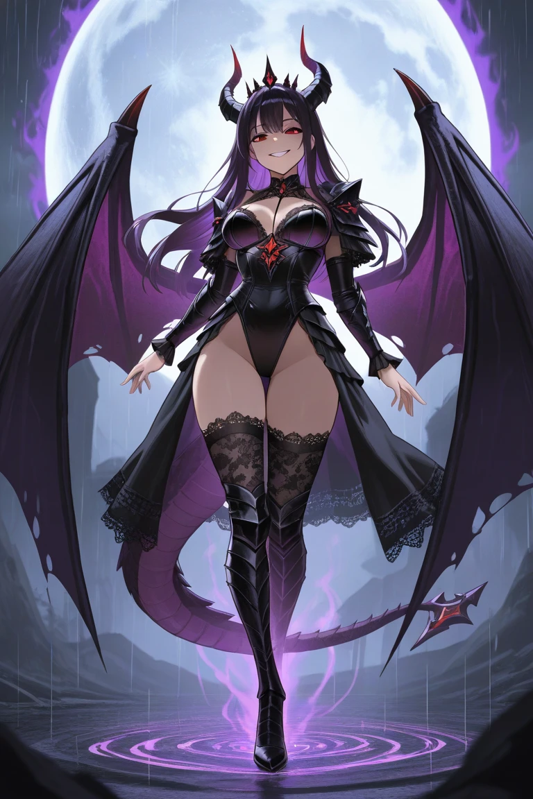 50ft tall giant girl, Possessing a pair of huge demon wings，There  also a swaying dragon tail on the right，Have waist-length hair, High heel，Purple curly hair，A look of enjoyment，night， walk
