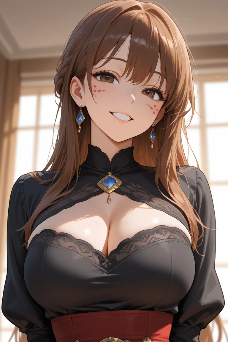 Upper body photo、Take close-up photos of your face、Big Breasts、Natural Lip、Fair skin、Great light、Beautiful lighting、((Brown Hair:1.2))、Blunt bangs、Detailed embroidery、Black Dress、Off-the-shoulder jacket、Gorgeous Accessories、Knee-high socks、night、Outdoor Background、smile、かわいいsmile