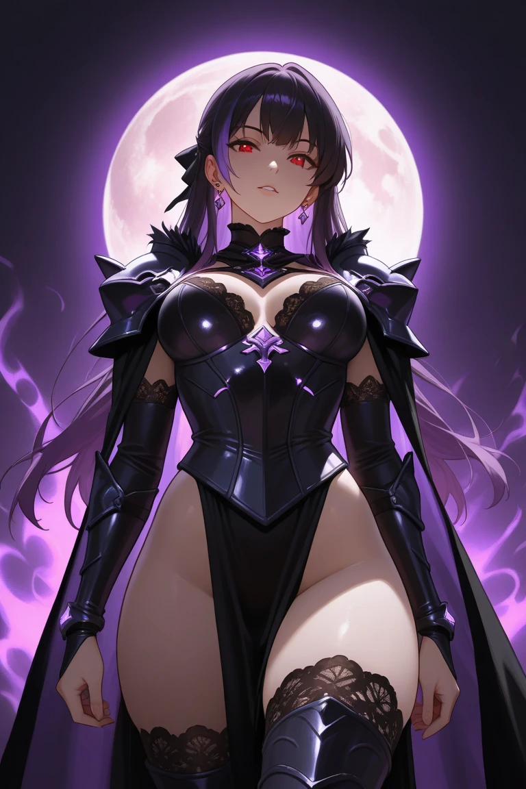 full body, The image features a dark, fantasy-themed female character who exudes power and mystery. She is clad in an elaborate, black armor that is detailed with gold accents and appears both menacing and regal. The armor is adorned with sharp, angular spikes, particularly on the shoulders, adding to her intimidating appearance. Her helmet is a significant feature, with large, curved horns that extend outward and upward, giving her a demonic or otherworldly look. The helmet partially obscures her face, but her eyes glow with a fierce, fiery light, suggesting she possesses powerful abilities or is of supernatural origin. A glowing orb is embedded in the center of her chest, radiating with bright, warm light. This orb is likely a source of great power or magic. Additionally, she holds two large, glowing orbs in each hand, which emit a strong, fiery light, further emphasizing her control over powerful forces. The background is a dark, rocky landscape under a twilight or night sky, with faint light illuminating the scene. The overall atmosphere of the image is intense and foreboding, suggesting that this character is a formidable presence in a dark fantasy world.