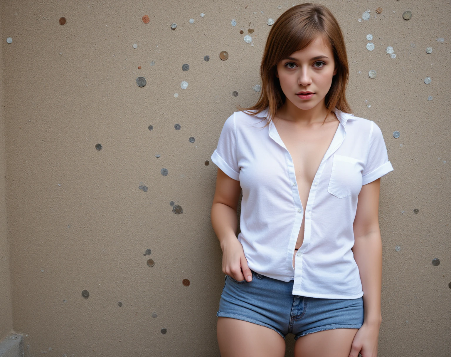 1 girl, solo, white skin, nsfw, erotic, ((futanari, girl with penis, orgasming, semen)), pink blouse, naked waist, detailed face, detailed eyes, small breasts, short hair, short bangs, brown hair, freckles, detailed face, detailed eyes, small breasts, short hair, brown hair, blue eyes, freckles, background, bokeh, dark theme, high contrast, (natural skin texture, hyperrealism, soft light, sharp), (cowboy shot), artistic photoshoot, OverallDetail