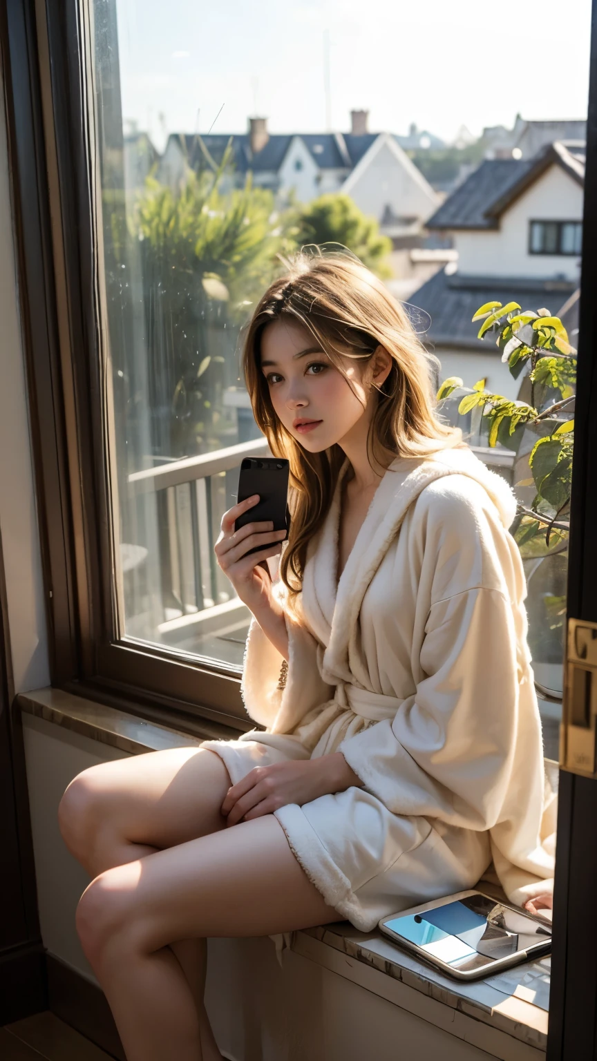 A beautiful girl with blond hair in a homemade robe looks sadly out the window, sitting on the windowsill, he holds the phone in his hand