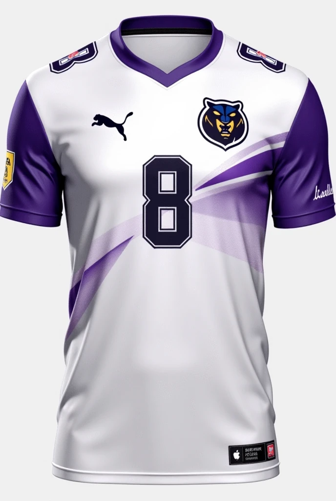 White team shirt with purple and gold details,with a panther in a not so exaggerated way.