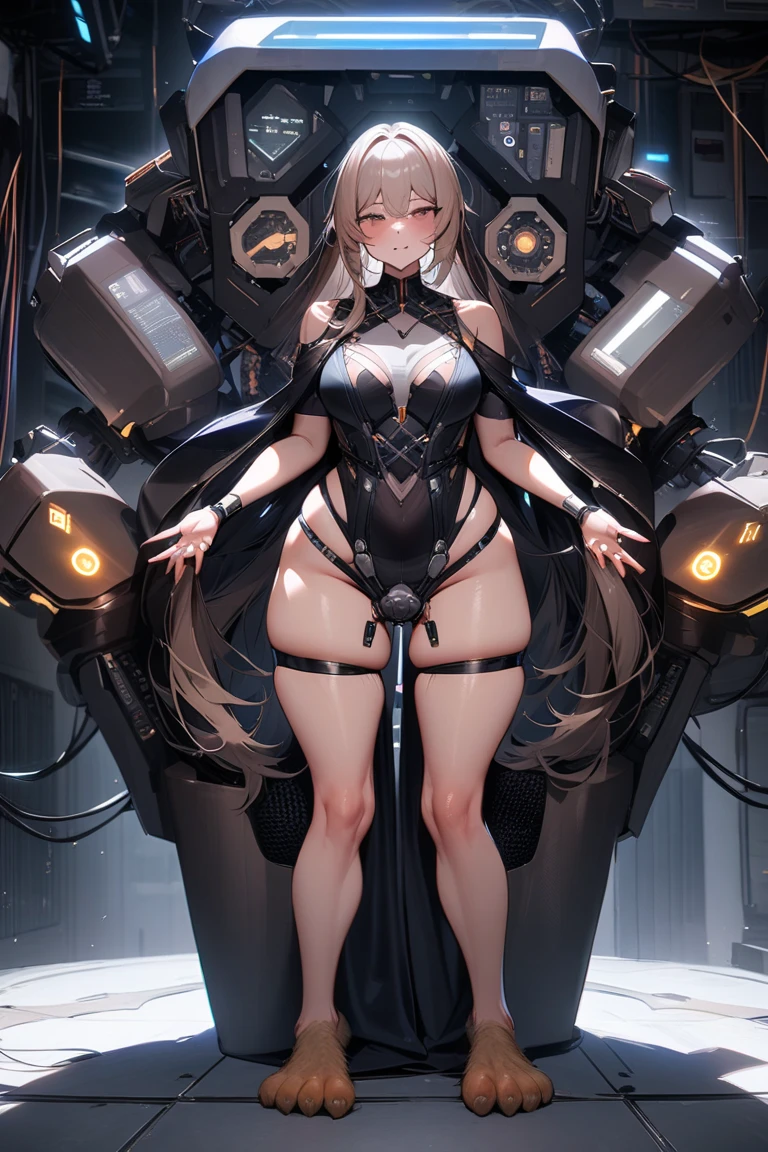 sensual, long blonde hair, thick thighs, 8K, 4K, highest quality, High resolution:1.2), cute anime face, noise reduction, shining blue eyes, gentle smile, wearing a headband, naked, toned abdominal muscles, muscular arms, muscular legs, (((exposed nipples))). , young face, anime chic eyes, white bodysuit, white rubber suit,nun,white panties, Lock,nun,O-ring,See-through,veil,elbow bag,Mistress,collar,cuffs ,thigh strap,thigh boots, T-back that digs into your butt、Rear view、MS cockpit、Sit in the cockpit