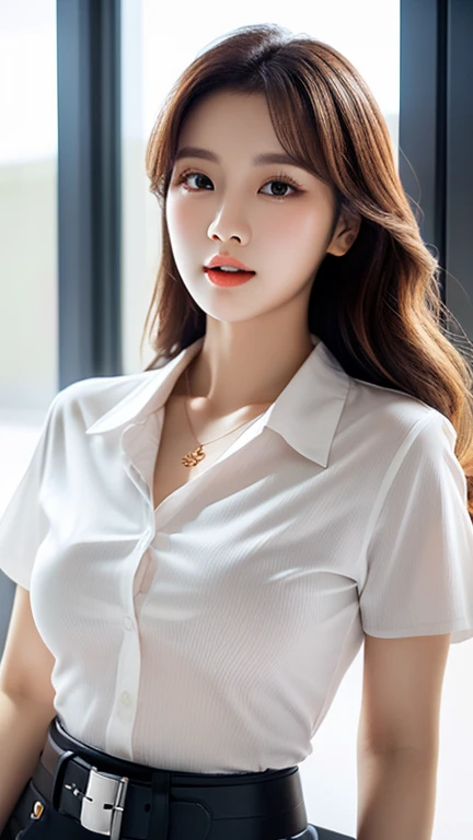(Best quality, High resolution, Masterpiece :1.3), A tall and pretty woman, Slender abs, Dark brown hair styled in loose waves, Breasts, Wearing pendant, White button up shirt, Belt, Black skirt, (Modern architecture in background), Details exquisitely rendered in the face and skin texture, Detailed eyes, Double eyelid