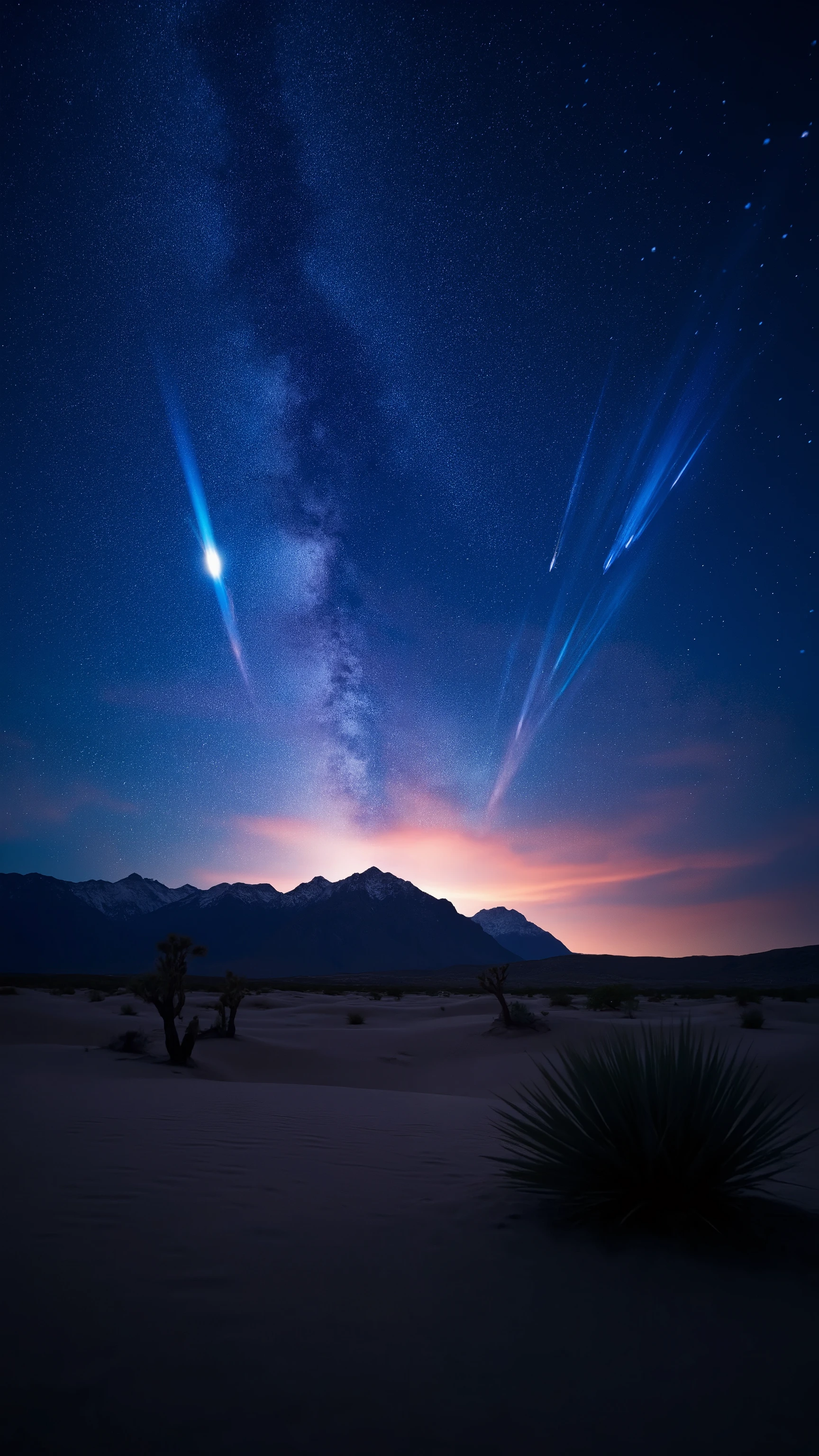 In high resolution images、 panoramic high resolution images of the night sky、Beautiful spectacular images、Pre-dawn sky、 incredibly beautiful night sky 、 The stars in the night sky harmonize with exquisite deserts and cacti、 (Stars are protagonists) depth of field effects 、 imaginative starry sky 、high-end color matching for high resolution images、 Baja California peninsula、カラフルな尾と流れ星☆壮観、four corners、16k、With the Milky Way in the background 。