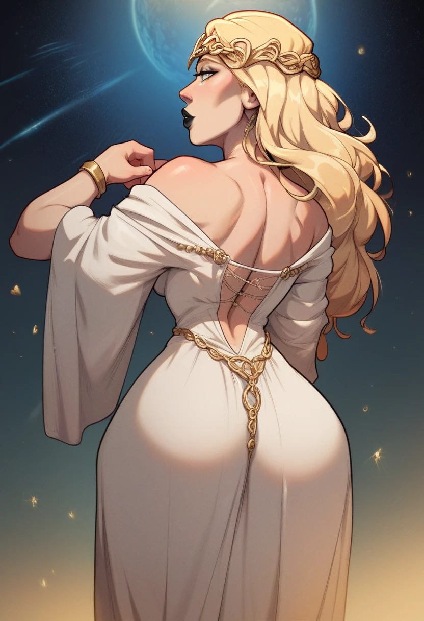 marika from elden ring bending over, mariak, full lips, blonde, white revealing dress, gold, bimbo, black lipstick, thick legs, big ass, back view,